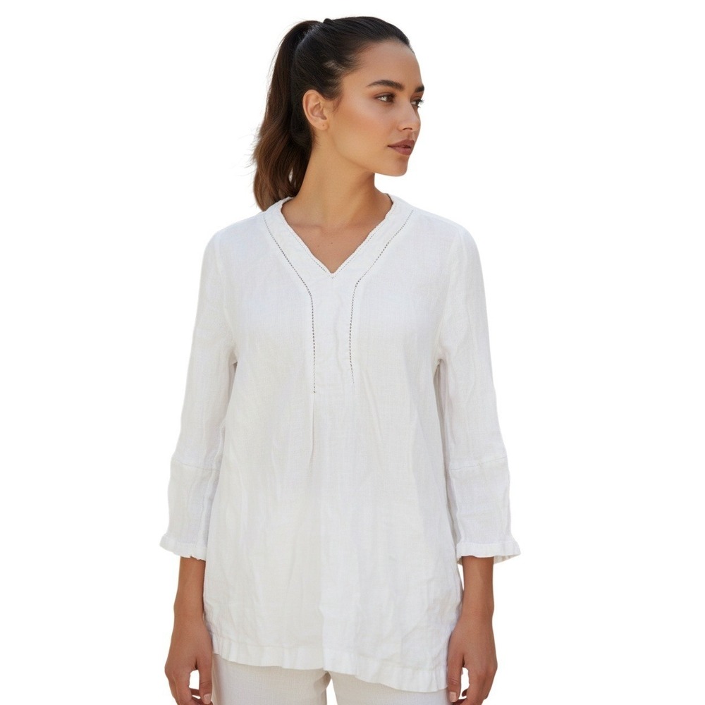 JOIE White 100% Linen Tunic Top Lace Trim Coastal Cottagecore‎ S 3/4 Sleeve